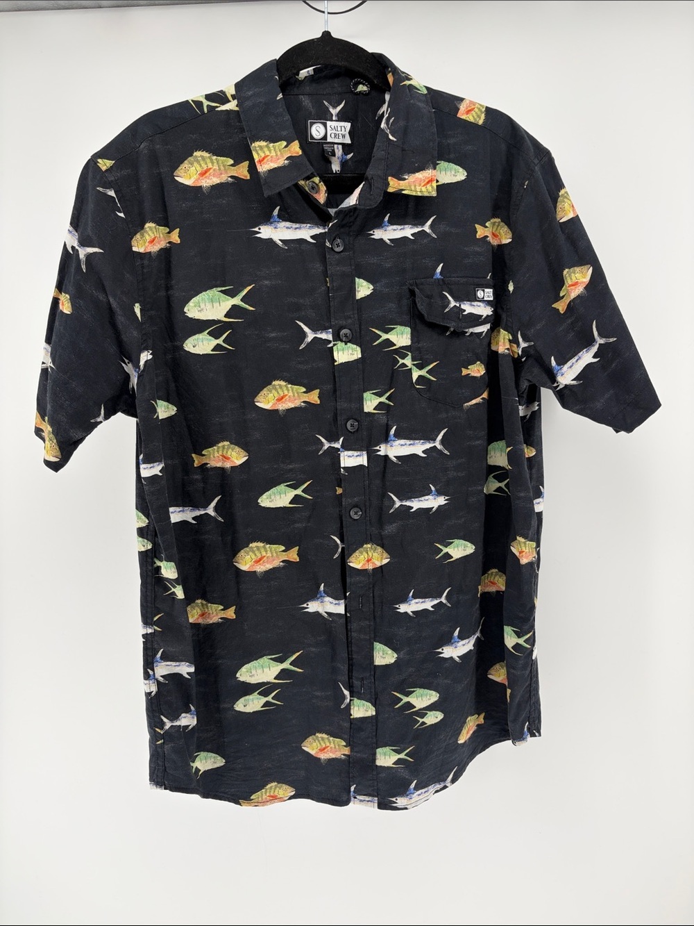 Salty Crew Fish Stamp Short-Sleeve Woven Button Shirt - L